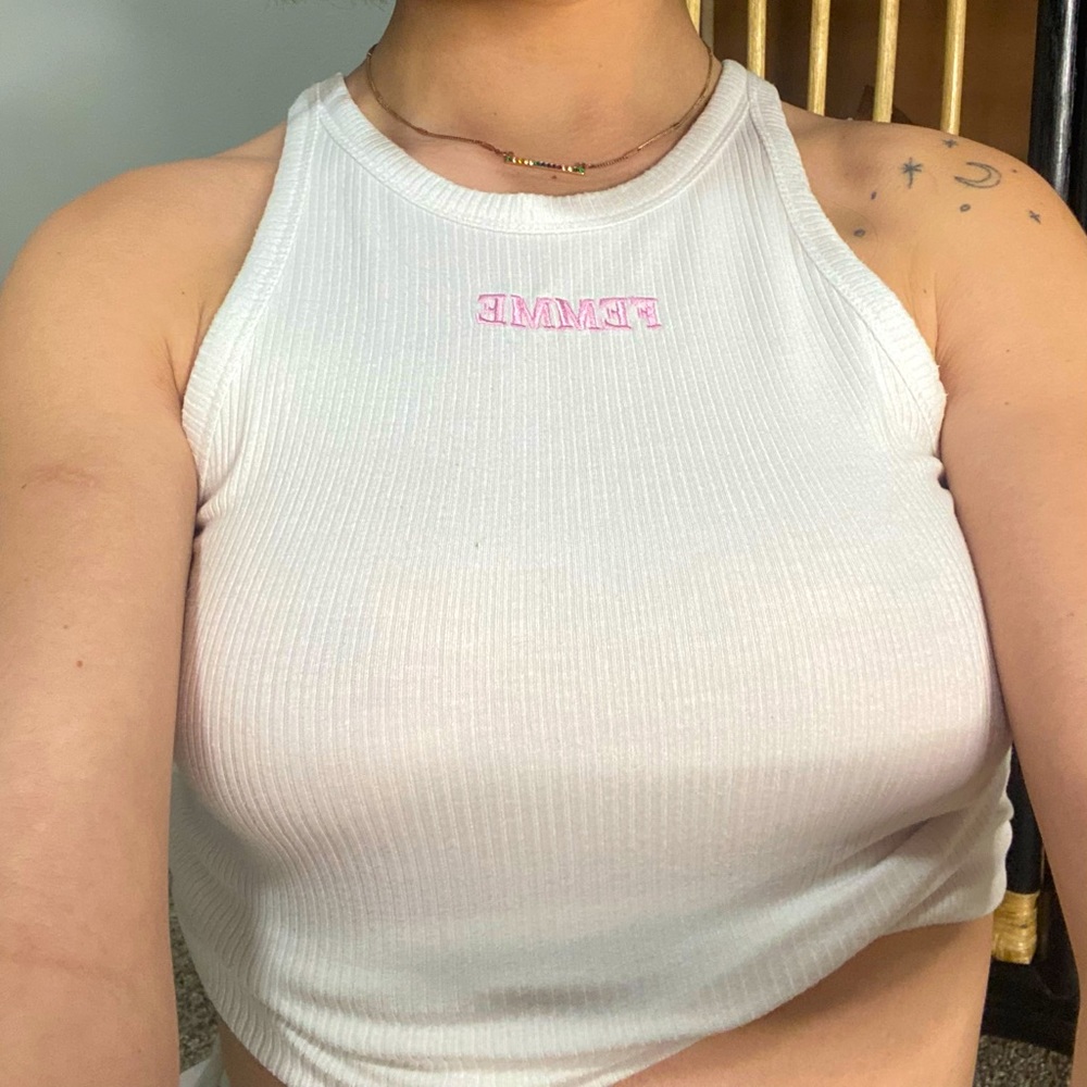 White Ribbed Tank with pink writing